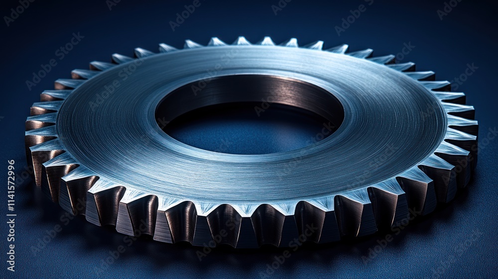 Close-up of a metallic gear. High-gloss, circular gear with sharply defined, angular teeth. Dark, deep blue background. Industrial aesthetic. High-resolution image. Close-up of a metallic gear. High-gloss, circular gear with sharply defined, angular teeth. Dark, deep blue background. Industrial aesthetic. High-resolution image.