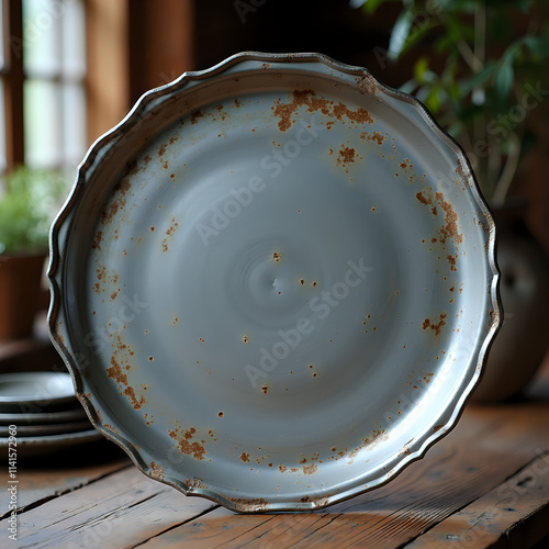 Wallpaper Mural Distressed Grey Ceramic Plate with Scalloped Edge in Rustic Setting
 Torontodigital.ca