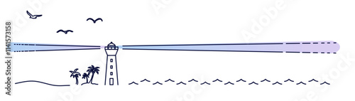 海と灯台のシルエットイラスト　背景イラスト　都市景観