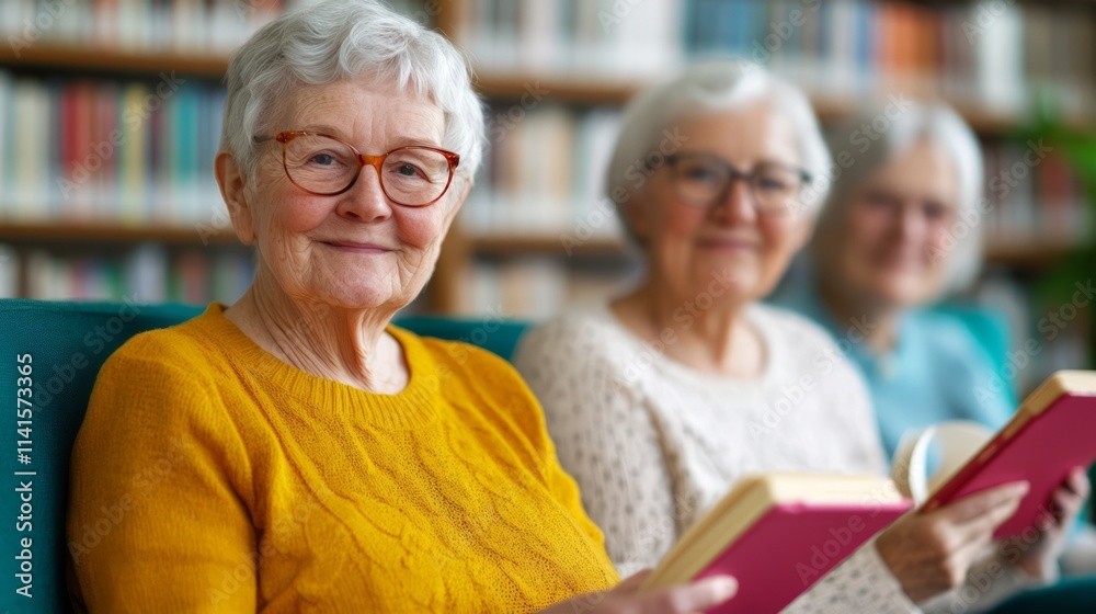 Cheerful elderly women enjoying reading together in a cozy library setting filled with books, showcasing camaraderie, joy, and the love for literature.