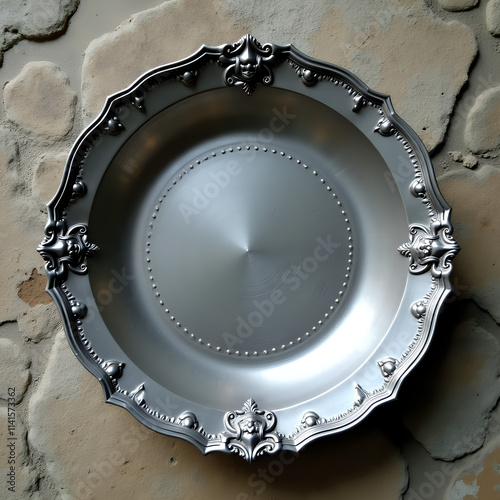 Wallpaper Mural Ornate Silver Decorative Plate with Classical Motifs Against Textured Beige Background
 Torontodigital.ca