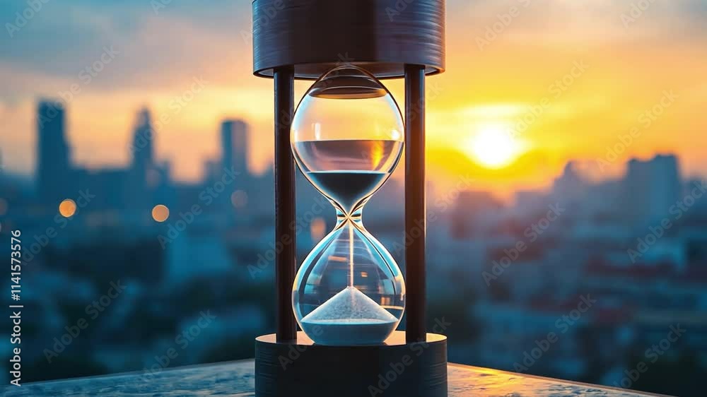Close up hourglass on table with big city background, 