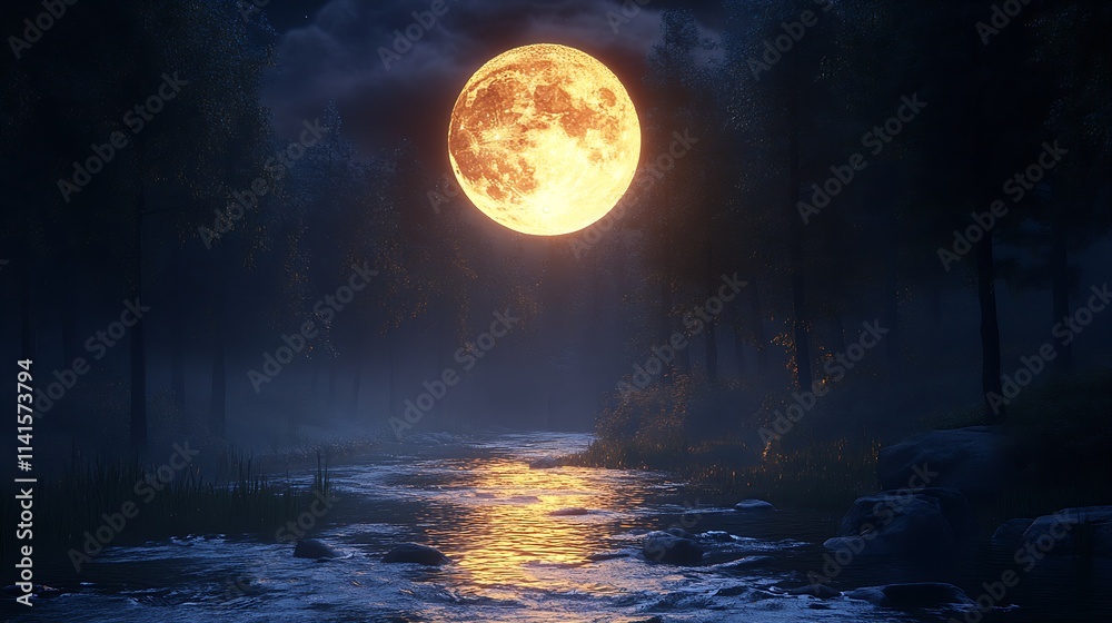 Radiant Full Moon Over a Quiet Stream in a Peaceful Forest at Midnight : Generative AI Radiant Full Moon Over a Quiet Stream in a Peaceful Forest at Midnight : Generative AI