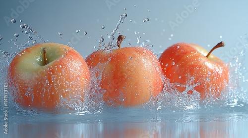Three apples creating a dynamic splash in revitalizing fresh water with droplets : Generative AI