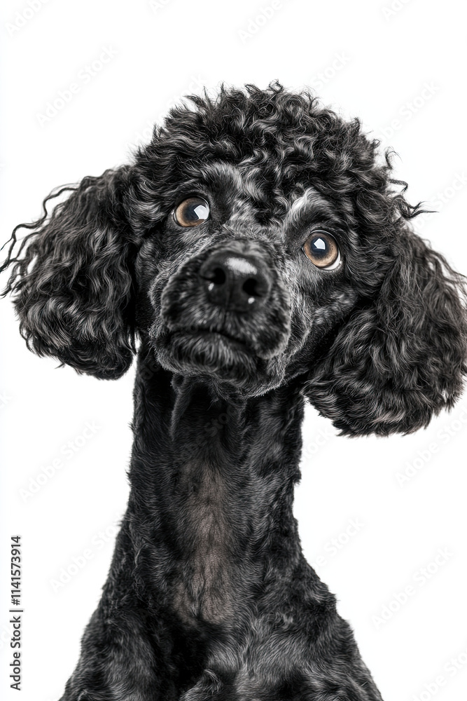 Miniature poodle with curly fur, isolated on white, looking curious Miniature poodle with curly fur, isolated on white, looking curious