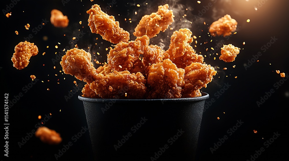 Explosive Crispy Chicken Wing Burst from Black Bucket with Scattered Crumbs : Generative AI Explosive Crispy Chicken Wing Burst from Black Bucket with Scattered Crumbs : Generative AI