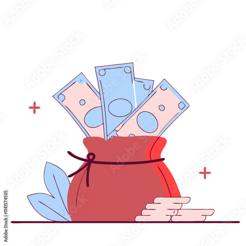 Adding cash into a money bag with notes and coins for savings and financial planning