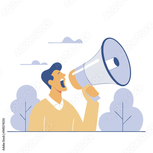 Man shouts through loudspeaker in a public area surrounded by trees and clouds during daytime
