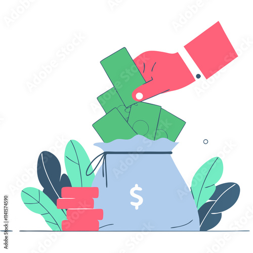 Adding cash into a money bag with greenery in the background to symbolize savings and investment strategies