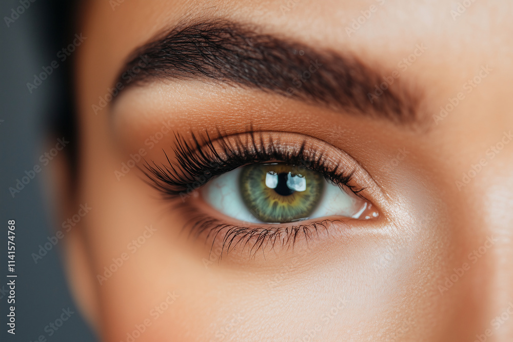 Obraz premium woman's eye is open and has a green iris. The eye is surrounded by lashes and the eyelashes are long