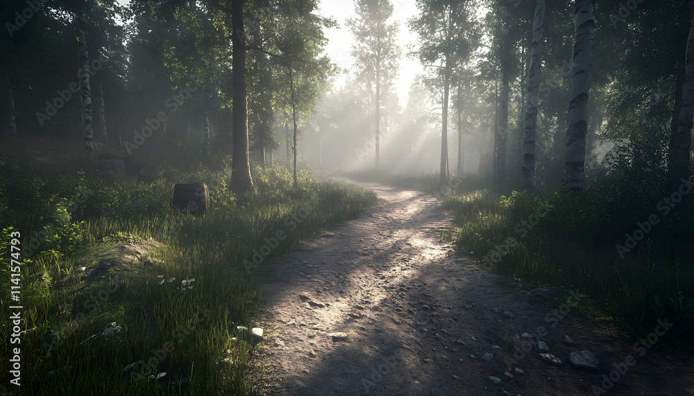 Obraz premium Misty Forest Path 3D Illustration
