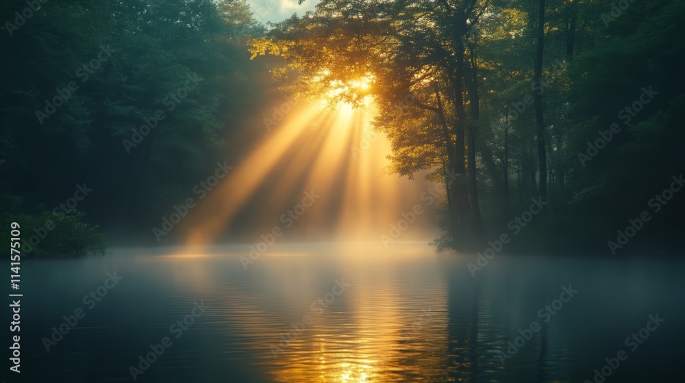 Sunrise through forest trees casting rays over Sunrise through forest trees casting rays over