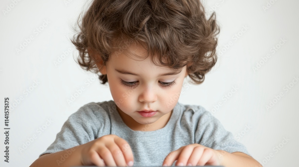 A focused child interacts with a tablet, displaying curiosity and engagement in a serene environment. A focused child interacts with a tablet, displaying curiosity and engagement in a serene environment.