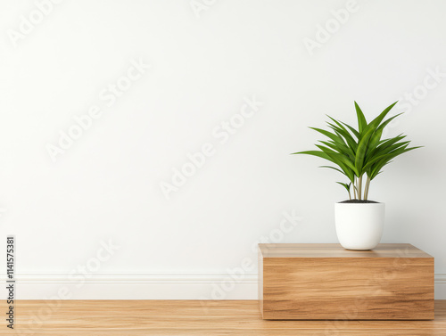 Modern indoor plant decoration on wooden pedestal in minimalistic room design