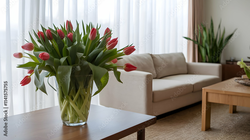 A garden with tulips in full bloom and a living room A garden with tulips in full bloom and a living room