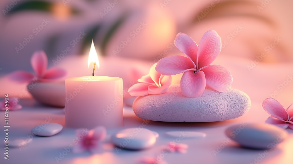 Serene Candlelight Spa Scene with Pink Frangipani on River Stones for Soothing Relaxation Escape : Generative AI Serene Candlelight Spa Scene with Pink Frangipani on River Stones for Soothing Relaxation Escape : Generative AI