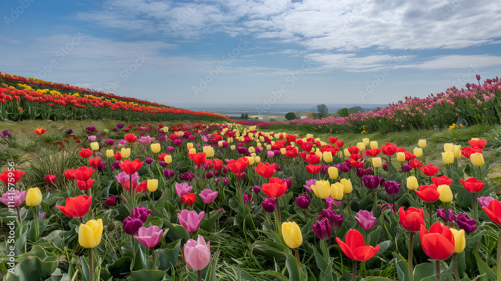 Fototapeta premium A garden with tulips in full bloom and a living room