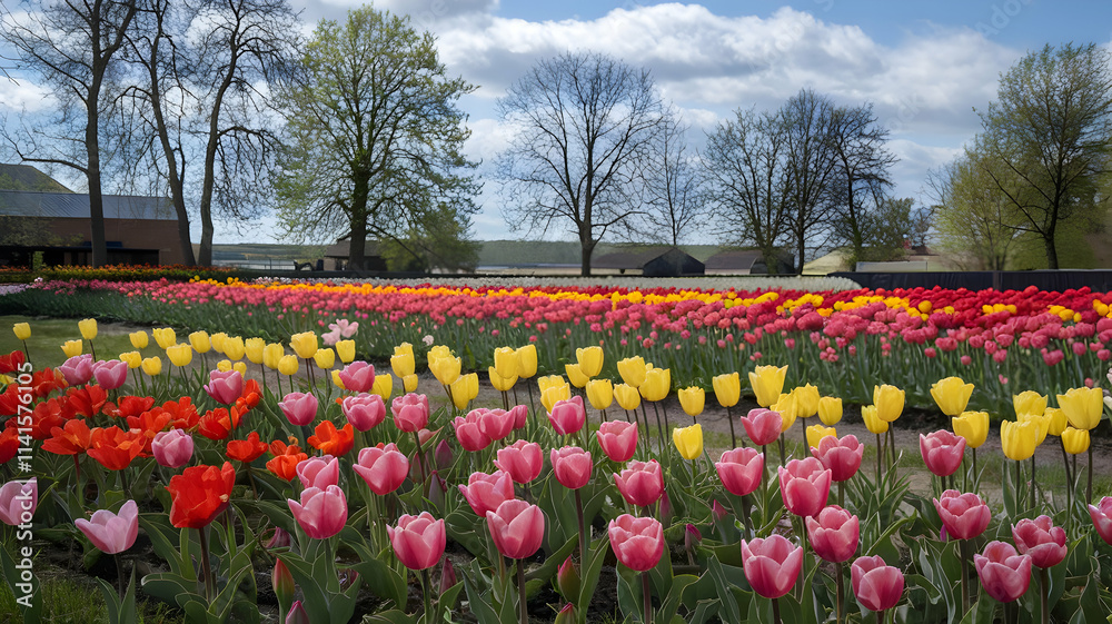 A garden with tulips in full bloom and a living room A garden with tulips in full bloom and a living room