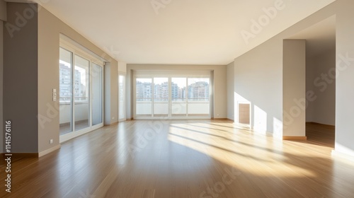 Spacious, sunlit room with large windows and wooden flooring, ideal for living or office space.