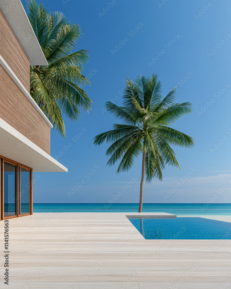 Fototapeta premium Stunning tropical beachfront property with palm trees and infinity pool under clear blue sky