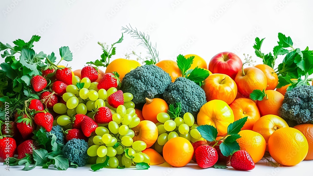 A vibrant collection of fresh fruits and vegetables, including strawberries, grapes, oranges, apples, and broccoli, arranged artfully on a pristine white background. A vibrant collection of fresh fruits and vegetables, including strawberries, grapes, oranges, apples, and broccoli, arranged artfully on a pristine white background.