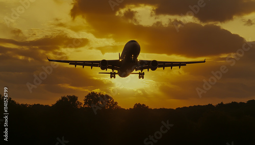 A large plane soars in the sky, illuminated by the warm hues of a breathtaking sunset. photo