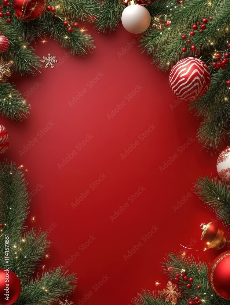 Merry Christmas and a Happy New Year, red square postcard with Christmas tree branches, garlands and air balloons around Merry Christmas and a Happy New Year, red square postcard with Christmas tree branches, garlands and air balloons around