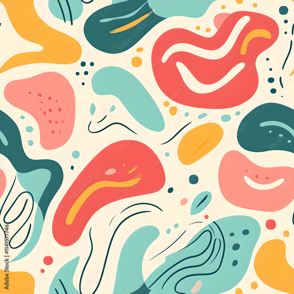 A cheerful and playful abstract pattern featuring a variety of organic shapes in vibrant colors like coral, teal, and ochre, set against a light beige background. A cheerful and playful abstract pattern featuring a variety of organic shapes in vibrant colors like coral, teal, and ochre, set against a light beige background.
