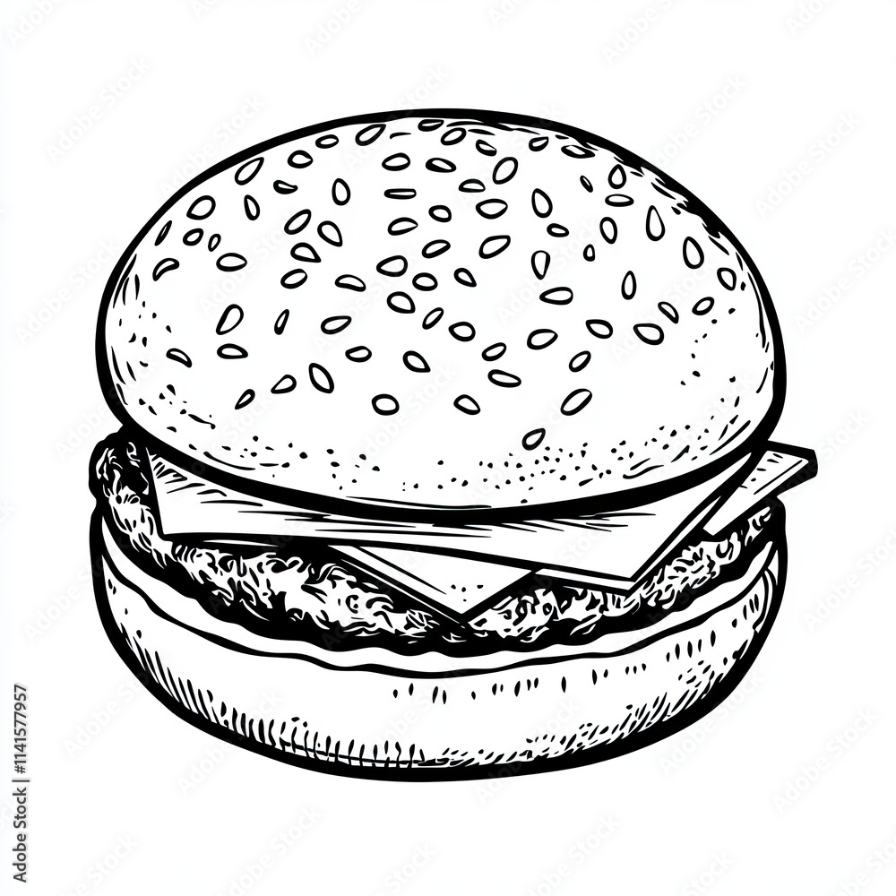Burger Drawing. Delicious Fast Food Sketch, Tasty Snack Illustration, Meal Design, Black and White Outline Art Burger Drawing. Delicious Fast Food Sketch, Tasty Snack Illustration, Meal Design, Black and White Outline Art