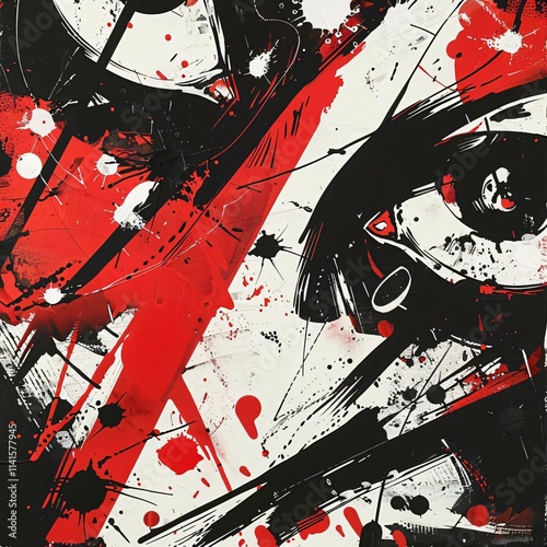 Bold comicstyle artwork featuring striking red eyes amidst dynamic array black white splatters conveying intense emotion action photo