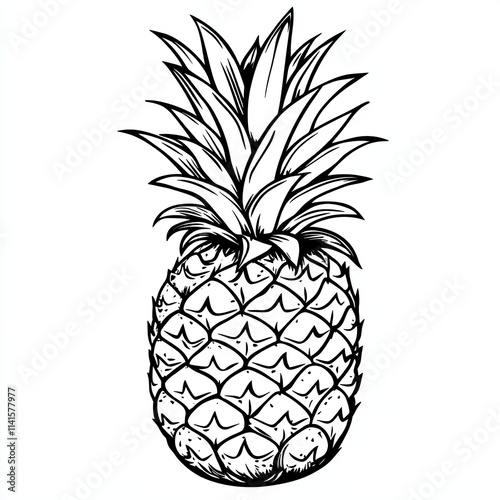 Pineapple Drawing. Tropical Fruit Sketch, Exotic Summer Illustration, Juicy Organic Design, Black and White Outline Art 