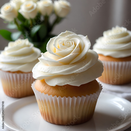 Wedding Themed White Rose Cupcake Design Generative AI