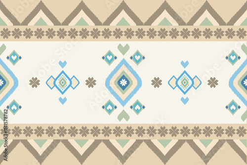 Minimal Warm Embroidery Mocha Mousse and Light Blue Sky Weaves on Ivory Beige Background. Zigzag Herringbone Motif Geometry Style. Minimal Cute Knit Hearts Flowers Decoration Border Seamless Pattern