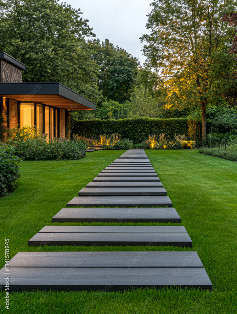 Walkway leading to a modern house surrounded by lush greenery at dusk Walkway leading to a modern house surrounded by lush greenery at dusk