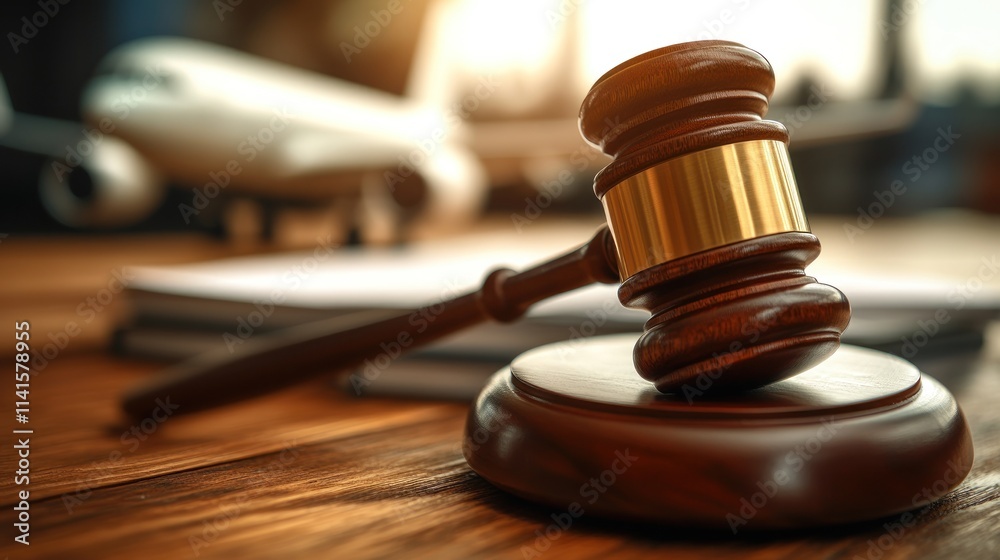 Gavel desk with airplane and document paper on background Gavel desk with airplane and document paper on background