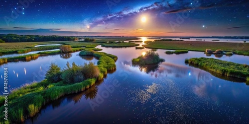 Night Photography of Welney WWT Reserve Floodplain Marsh in Summer, Norfolk, UK - Serene Ecosystem, Starry Skies, Wildlife Habitat, Nature Landscape photo