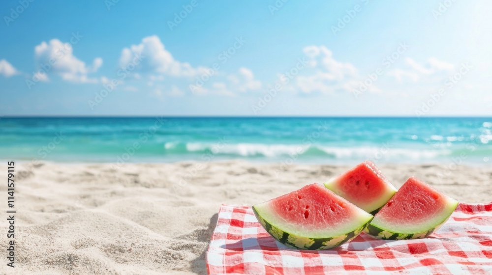Vibrant watermelon beach picnic with slices on sandy shore under clear blue sky Vibrant watermelon beach picnic with slices on sandy shore under clear blue sky