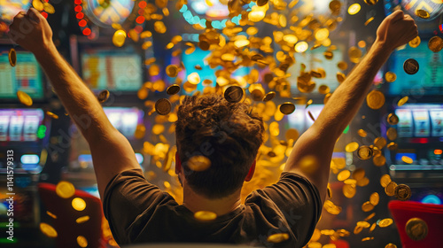  Man celebrating a big win at a slot machine in a casino. photo