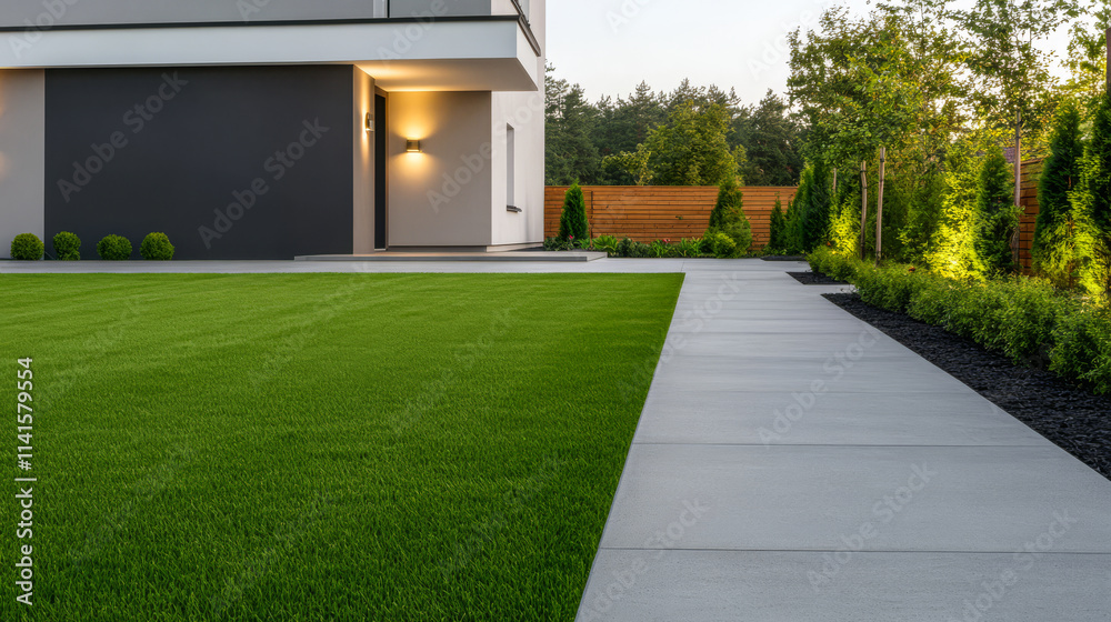 Modern house exterior with landscaped garden and clean pathways on a sunny day Modern house exterior with landscaped garden and clean pathways on a sunny day