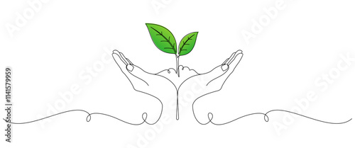 Earth Day line art style. hand holding growing plant in simple linear style. Vector line doodle