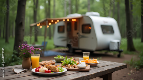 Camping picnic, food and drink on wooden table in front of travel trailer in forest nature.