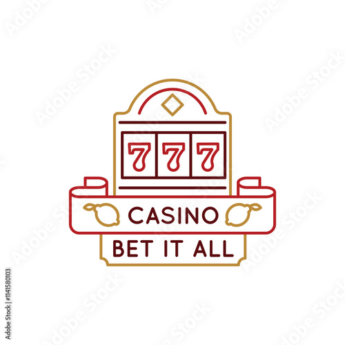 Simple Logo with Jackpot 777 icon. Simple badge of a slot machine displaying the lucky 777 bet it all for themes related to gambling, casinos, gaming in digital and print media. Vector illustration