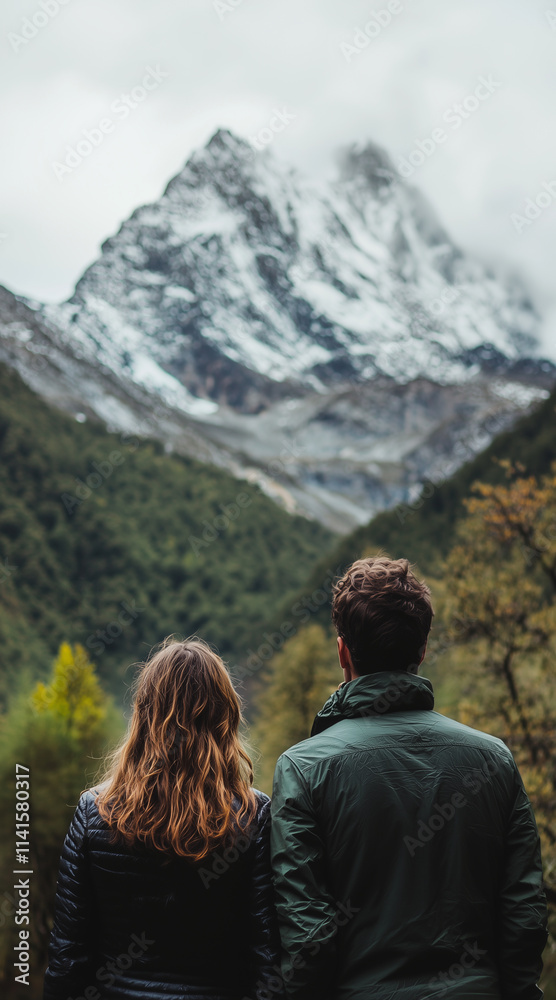 a couple facing away from the camera towards a mountain in the distance