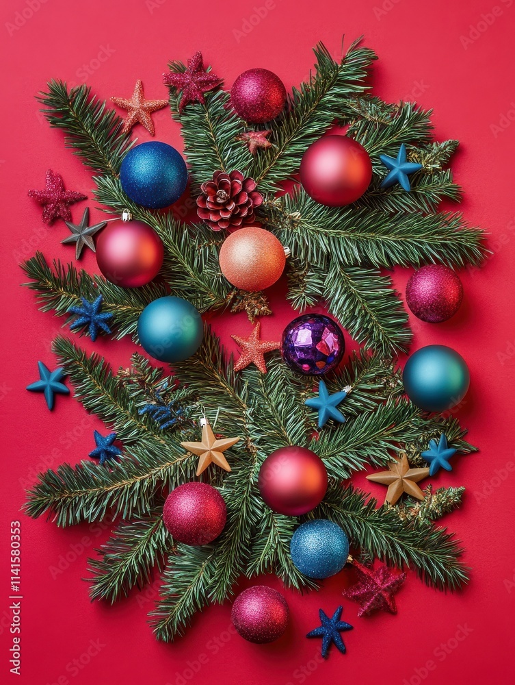 Merry Christmas red background decorated with happy 2022 new year tree branches and baubles stars, winter holiday card decorations festive merry concept, flat lay, above top view, copy space Merry Christmas red background decorated with happy 2022 new year tree branches and baubles stars, winter holiday card decorations festive merry concept, flat lay, above top view, copy space