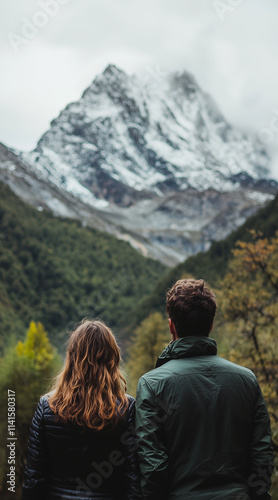 a couple facing away from the camera towards a mountain in the distance