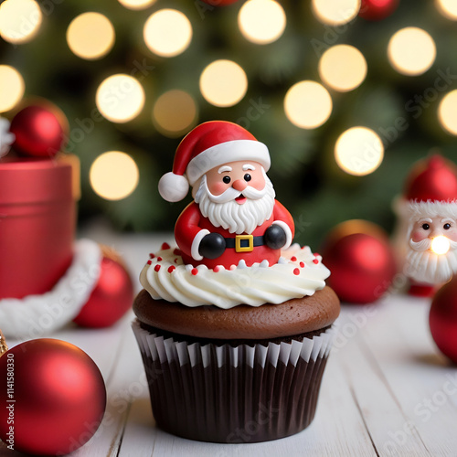 Christmas Cupcake with Santa and Holiday Details Generative AI