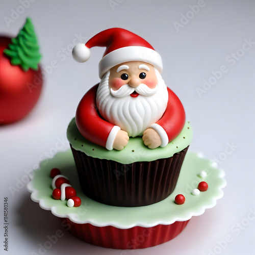 Cute Christmas Cupcake with Santa Figurine Generative AI