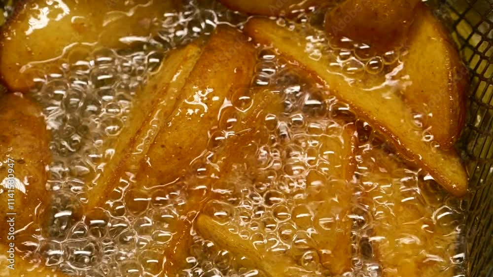 Close-up slow motion fried crispy potato wedges deep frying in oil. French fries Close-up slow motion fried crispy potato wedges deep frying in oil. French fries