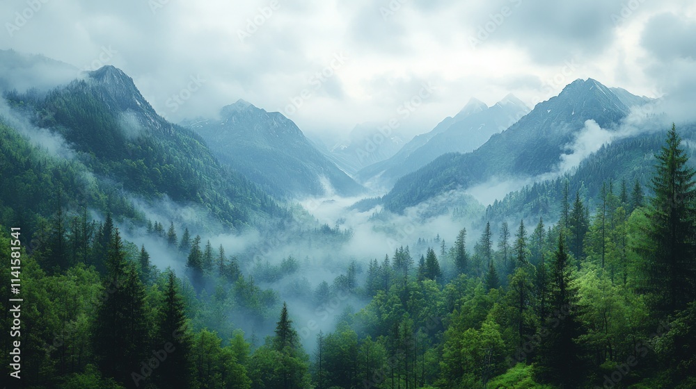 Fototapeta premium Misty mountains, green forest valley.