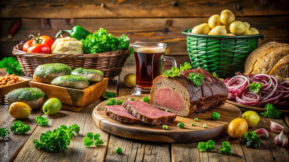 Rustic Irish Table Setting with Traditional Foods and Shamrock Decorations for St. Patrick's Day Celebration Rustic Irish Table Setting with Traditional Foods and Shamrock Decorations for St. Patrick's Day Celebration